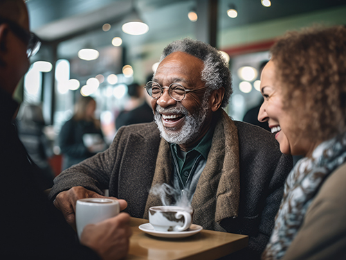 Retired couple enjoying the local coffee shop with their neighbor.>